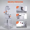 A marketing image showing a meat band saw with callouts highlighting its safety features. Produktbild-Vorschau