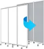 A row of mobile partition walls, some are white and some are gray fabric, with a blue arrow indicating movement. Produktbild-Vorschau
