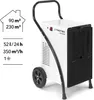A white and black dehumidifier with informational graphics on the left. Produktbild-Vorschau