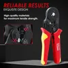 A close-up marketing image of a red and yellow crimping tool against a black background, with text highlighting its features. Produktbild-Vorschau