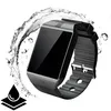 A smartwatch is shown with water splashing around it, suggesting it is waterproof. A graphic of a water drop over layers is also present. Produktbild-Vorschau