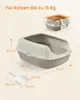 A diagram showing a cat litter box with dimensions and a scoop, along with text indicating its suitability for cats up to 15 kg. Produktbild-Vorschau