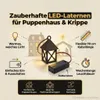 A marketing image showcasing LED lanterns for dollhouses and nativity scenes, highlighting features like warm light, easy operation, flexible cable, and long battery life. Produktbild-Vorschau