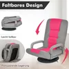 A floor chair shown in use and in a folded state, with text highlighting its features. Produktbild-Vorschau