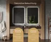 A modern bathroom vanity with two illuminated mirrors, showcasing different LED light temperatures. Produktbild-Vorschau
