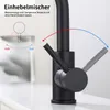 A close-up of a black kitchen faucet with illustrative graphics showing its functionality. Produktbild-Vorschau