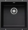 A top-down view of a black kitchen sink with a silver drain. Produktbild-Vorschau