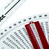 A close-up view of a knitting calculator and measuring tool with various numbers and markings. Produktbild-Vorschau
