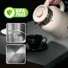 A person is pouring hot water from a white electric kettle into a black cup and saucer. There are close-up insets showing the interior of the kettle. A "BPA FREE" badge is in the top left corner. Podgląd zdjęcia produktu