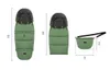 Three views of a green baby stroller footmuff, with dimensions indicated by lines and numbers. Náhľad obrázku produktu