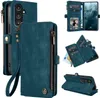 A collage of images showing a teal wallet-style phone case for a Samsung Galaxy A17 / A17 5G, with various angles and features displayed. Produktbild-Vorschau