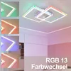 A modern ceiling light with RGB color-changing LEDs, shown in a room setting with accent lighting. Produktbild-Vorschau