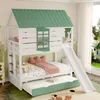 A children's bunk bed with a slide and trundle bed, set up in a bedroom. Náhled obrázku produktu