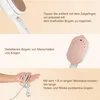 Collage showing a portable garment steamer and its accessories, with text descriptions in German. Produktbild-Vorschau