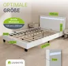 A white bed frame with LED lighting in a room setting, with dimensions and mattress size indicated. Produktbild-Vorschau