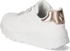 A side view of a white Skechers sneaker with rose gold accents. Voir les images du produit