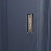 A close-up view of a dark blue suitcase with a silver Travelite logo. Produktbild-Vorschau