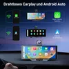 A marketing image showing a car dashboard with a large screen displaying a smartphone interface, illustrating wireless CarPlay and Android Auto functionality. Produktbild-Vorschau