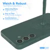 A dark green phone case is shown with liquid silicone being poured onto it, creating ripples. Text overlays describe the features of the case. Produktbild-Vorschau