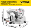A VEVOR commercial meat slicer is shown with dimensions and specifications. Podgląd zdjęcia produktu