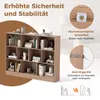 A bookshelf with various items on display, accompanied by marketing text and diagrams highlighting safety features. Náhled obrázku produktu