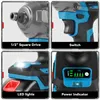 A collage of four close-up images showcasing different features of a cordless impact wrench. Voir les images du produit