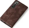 A brown flip case for a smartphone, shown from a diagonal angle. Produktbild-Vorschau