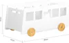 A white toy storage unit shaped like a bus, with wooden wheels, shown from a side angle with dimensions indicated. Náhled obrázku produktu