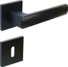 A black door handle set with a square rose and a matching keyhole escutcheon plate, presented against a white background. Produktbild-Vorschau
