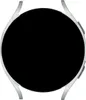 A silver smartwatch with a black screen on a white background.