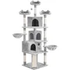 A tall, multi-level cat tree with scratching posts, perches, and enclosed spaces, set against a white background. Produktbild-Vorschau