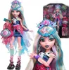 A collage of a Monster High doll, Lagoona Blue, in packaging and out of packaging, showcasing her accessories. Náhľad obrázku produktu