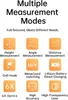 A graphic displaying multiple measurement modes for a laser rangefinder, with icons and text descriptions for each mode. Produktbild-Vorschau