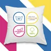 A white pillow with four circular icons representing product features, set against a colorful striped background. Produktbild-Vorschau
