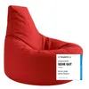 A red beanbag chair with a review badge on the bottom right. Produktbild-Vorschau