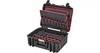 An open black tool case with red trim and multiple compartments for tools. Voir les images du produit