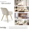 A collage showcasing a cream-colored chair with gold legs in various room settings (dining room, living room, kitchen, bedroom) and a close-up of the chair. Produktbild-Vorschau
