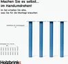 The image shows four blue table legs and a diagram illustrating screws and metal feet with protective caps. Produktbild-Vorschau