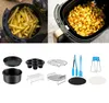 A collage of an air fryer basket filled with french fries, an air fryer basket filled with roasted potatoes, and various air fryer accessories. Voir les images du produit