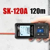 A hand holding a laser distance meter with a red laser beam emitting from it. Produktbild-Vorschau