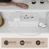 A close-up view of a white power strip with AC outlets and USB ports, with a white cable plugged in and running out of frame. Below the power strip is a graphic with product specifications. Voir les images du produit