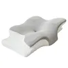 A gray and white ergonomic neck pillow is shown against a white background. Produktbild-Vorschau