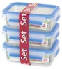 A stack of three clear food storage containers with blue lids, bound together by a red ribbon with white text. Náhľad obrázku produktu