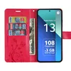 A red wallet-style phone case is open, showing card slots and a phone displaying marketing information. Produktbild-Vorschau