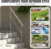 A product image showcasing a stainless steel stair handrail on a set of stairs, with accompanying lifestyle images of a garden, hotel pool area, and terrace. Podgląd zdjęcia produktu