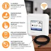 A white thermostat with a screen and a black cable, surrounded by feature icons and text. Produktbild-Vorschau