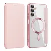 A pink flip case for a Samsung Galaxy A05S phone is shown next to the phone itself, which has a clear back and a pink metallic ring. Produktbild-Vorschau