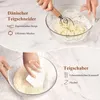 A collage showing a Danish dough whisk and a dough scraper in use with dough in glass bowls. Produktbild-Vorschau