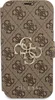A close-up, front-facing view of a brown Guess brand phone case with a repeating logo pattern and a prominent metal Guess logo in the center. Anteprima dell’immagine prodotto