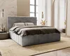 A modern bedroom with a gray upholstered bed, dressed with brown bedding and pillows. The room features marble-patterned walls, ribbed beige wall panels, and sheer curtains. Náhled obrázku produktu